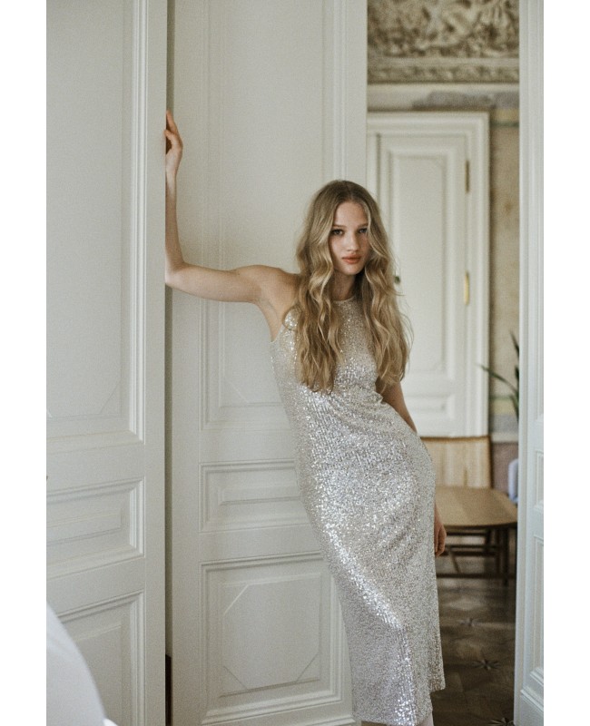 Платье майка миди из  пайетки Серебро