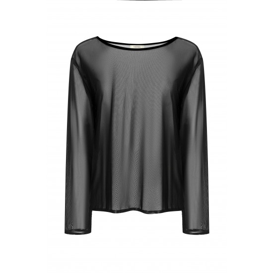 Лонгслив  из черной сетки с вырезом лодочкой