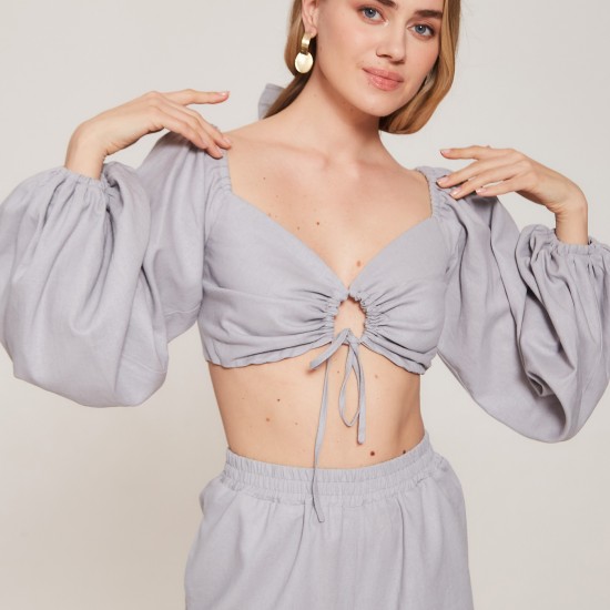 Топ с пышным рукавом из льна Серо-голубой