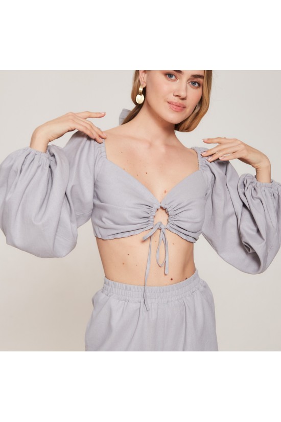 Топ с пышным рукавом из льна Серо-голубой