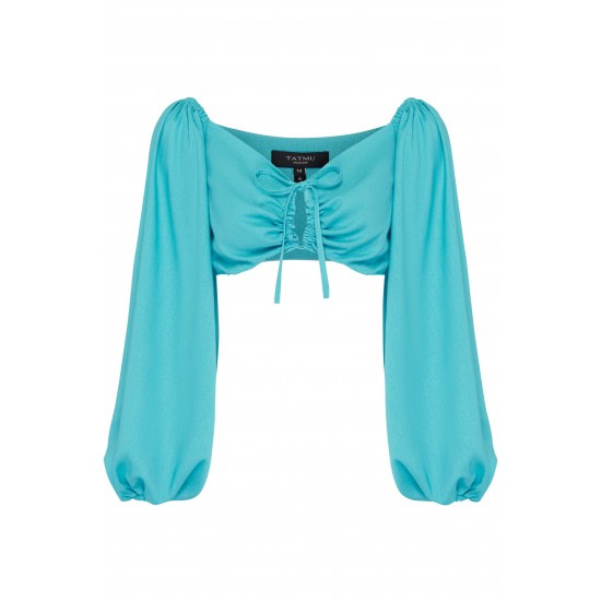 Топ с пышным рукавом из льна Бирюзовый