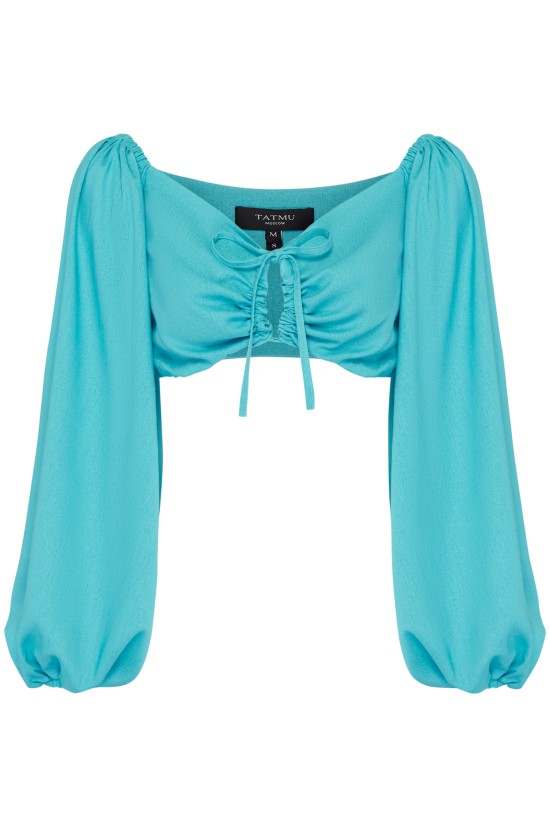 Топ с пышным рукавом из льна Бирюзовый