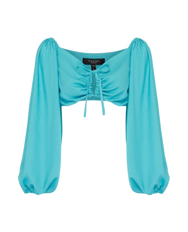 Топ с пышным рукавом из льна Бирюзовый