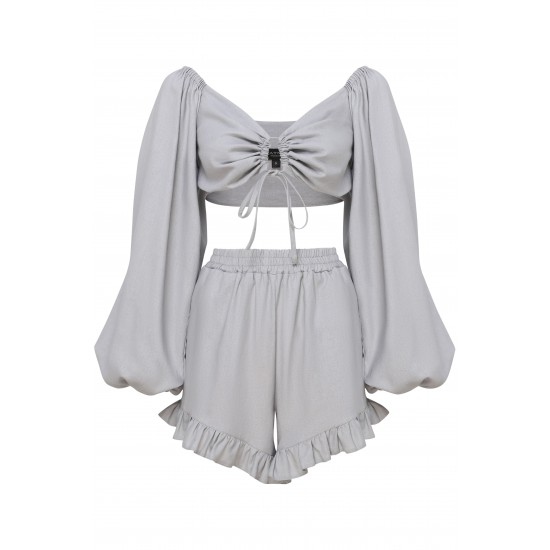 Шорты с оборками Лен Серый