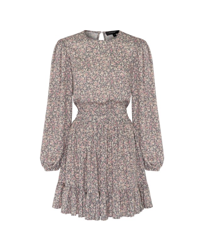 Платье из вискозы с длинным рукавом с оборкой темным принтом в цветочек