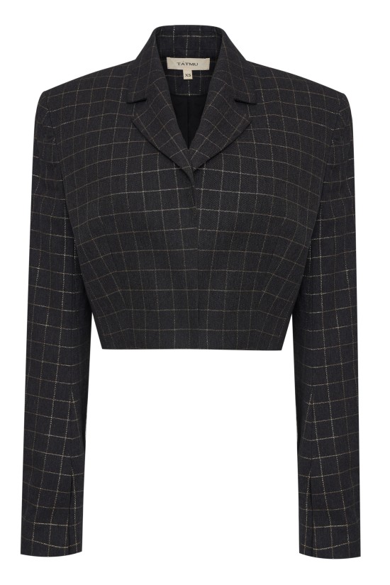 Жакет укороченный из черной костюмной ткани в золотую клетку