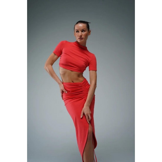 Юбка со сборкой  миди коралловый