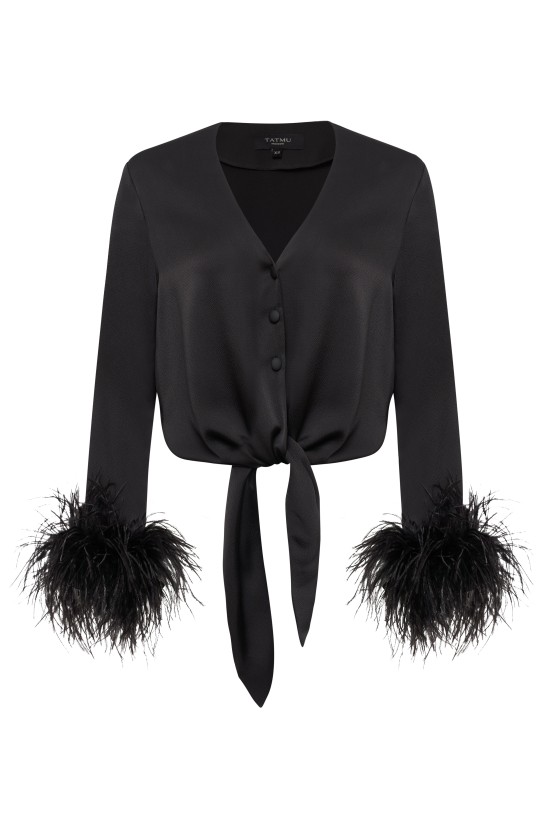Блуза на завязках с страусиными перьями чёрная