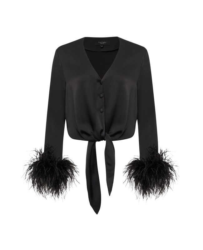 Блуза на завязках с страусиными перьями чёрная