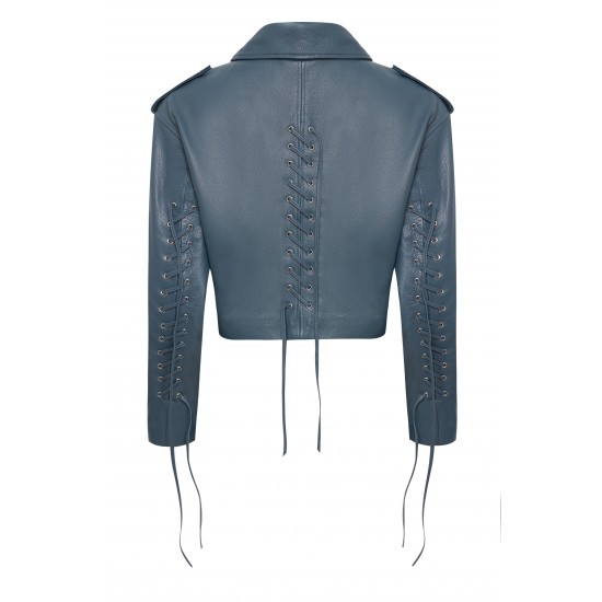 Куртка со шнуровкой из пыльно-голубой кожи