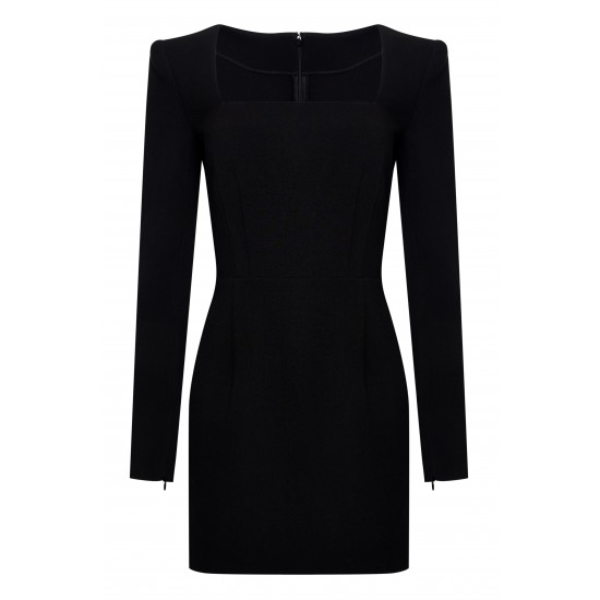 Платье мини с вырезом каре черное с люрексом