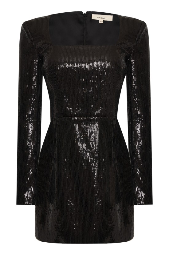 Платье мини с вырезом каре из черной пайетки 
