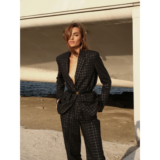 Брюки на резинке из ткани в золотую клетку