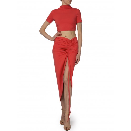 Юбка со сборкой  миди коралловый