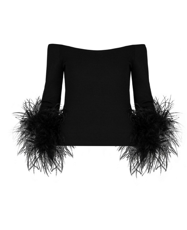 Топ с открытыми плечами с перьями черный