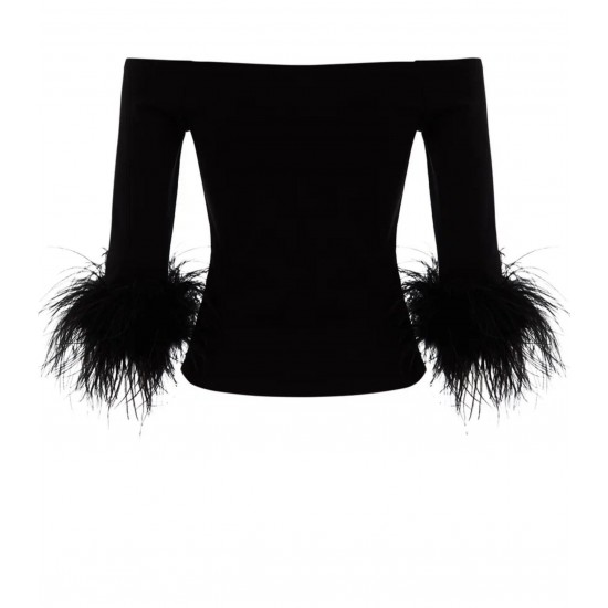 Топ с открытыми плечами с перьями черный