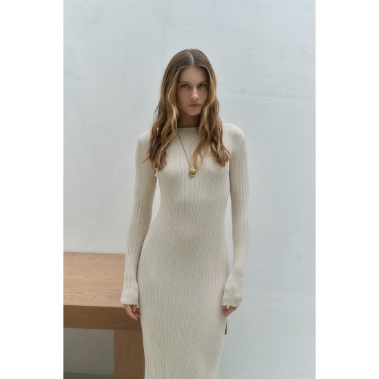Платье вязаное Миди с длинным рукавом Кремовый 