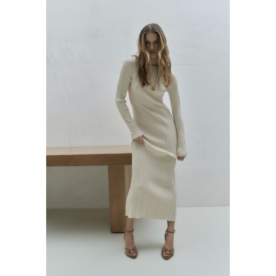 Платье вязаное Миди с длинным рукавом Кремовый 