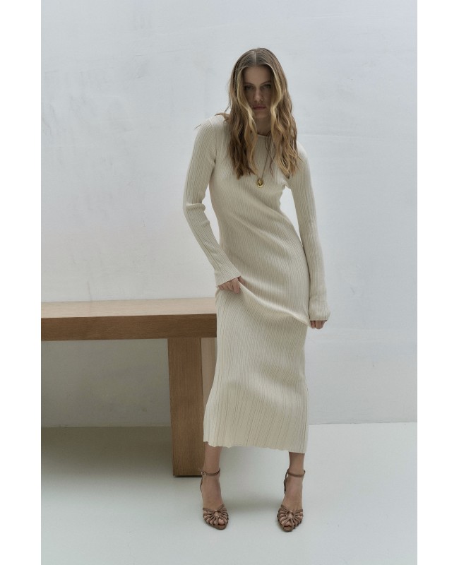 Платье вязаное Миди с длинным рукавом Кремовый 