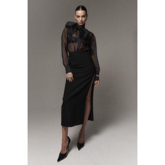 Юбка макси с разрезом из черной костюмной ткани